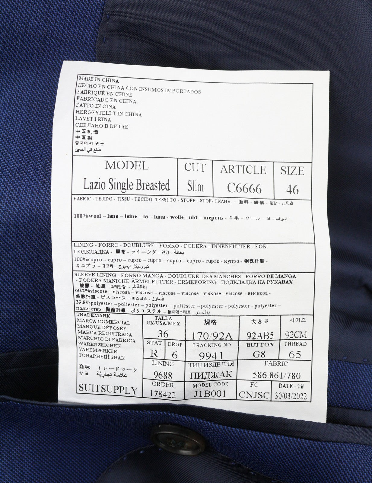 „SUITSUPPLY Lazio“ vienaeilis vyriškas švarkas, UK36R, mėlynas vilnonis švarkas su įpjova ir sagomis atlape 