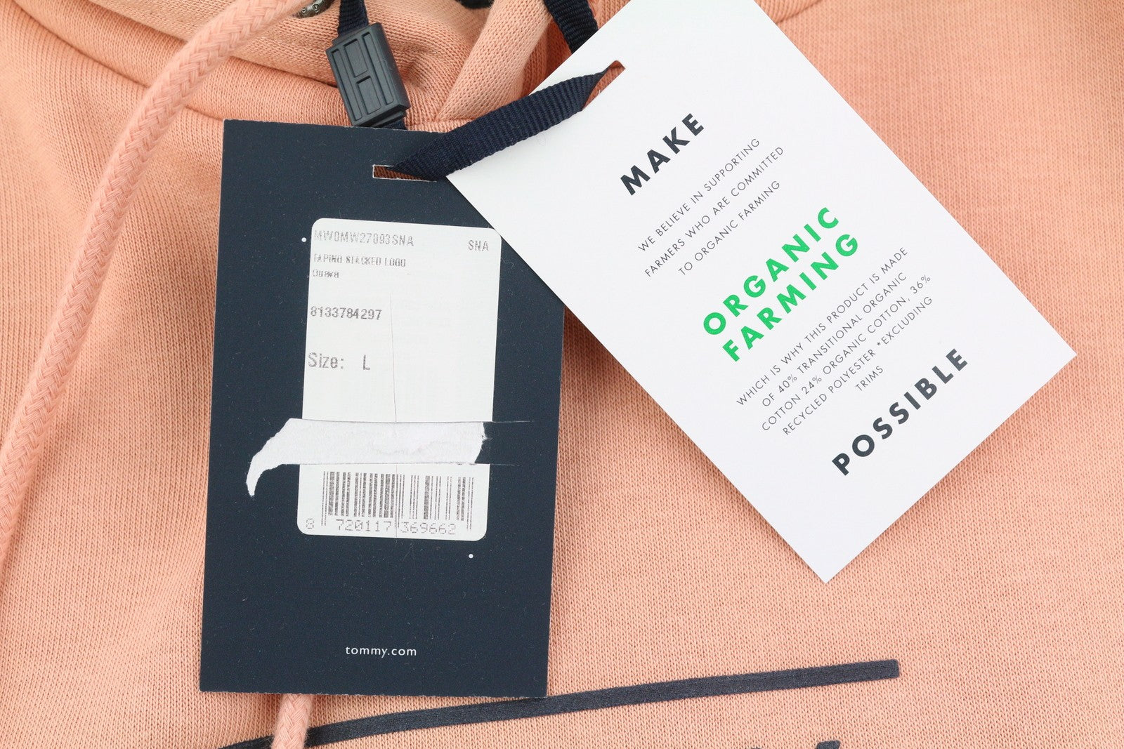 TOMMY HILFIGER Fapino Stacked Logo vyriškas džemperis su gobtuvu L dydžio organinės medvilnės mišinio megztinis 