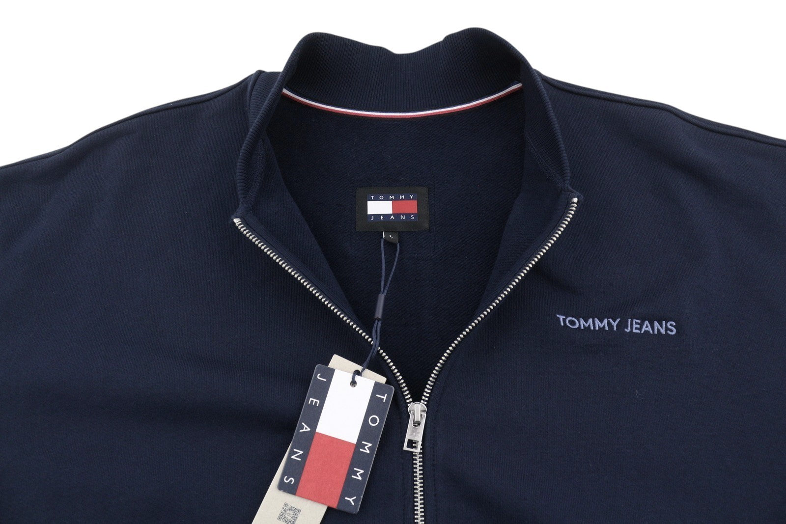 TOMMY HILFIGER vyriškas džemperis L dydžio, tamsiai mėlynas, su dideliu bomber kaklu ir logotipu, užtrauktuku. 