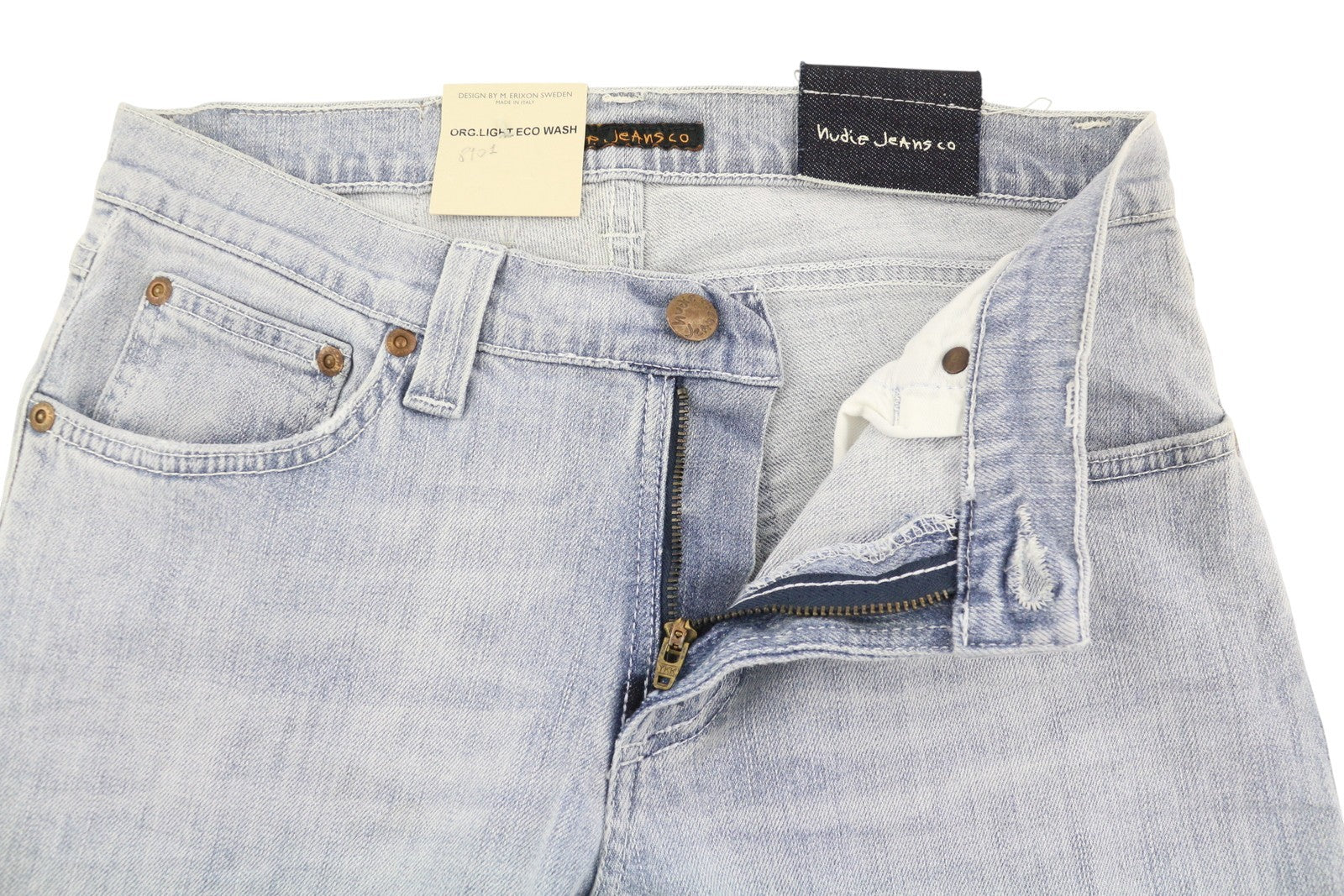 NUDIE JEANS aptempti ilgi John Org. Light Eco Wash vyriški džinsai W28/L34 mėlyni aptempti 