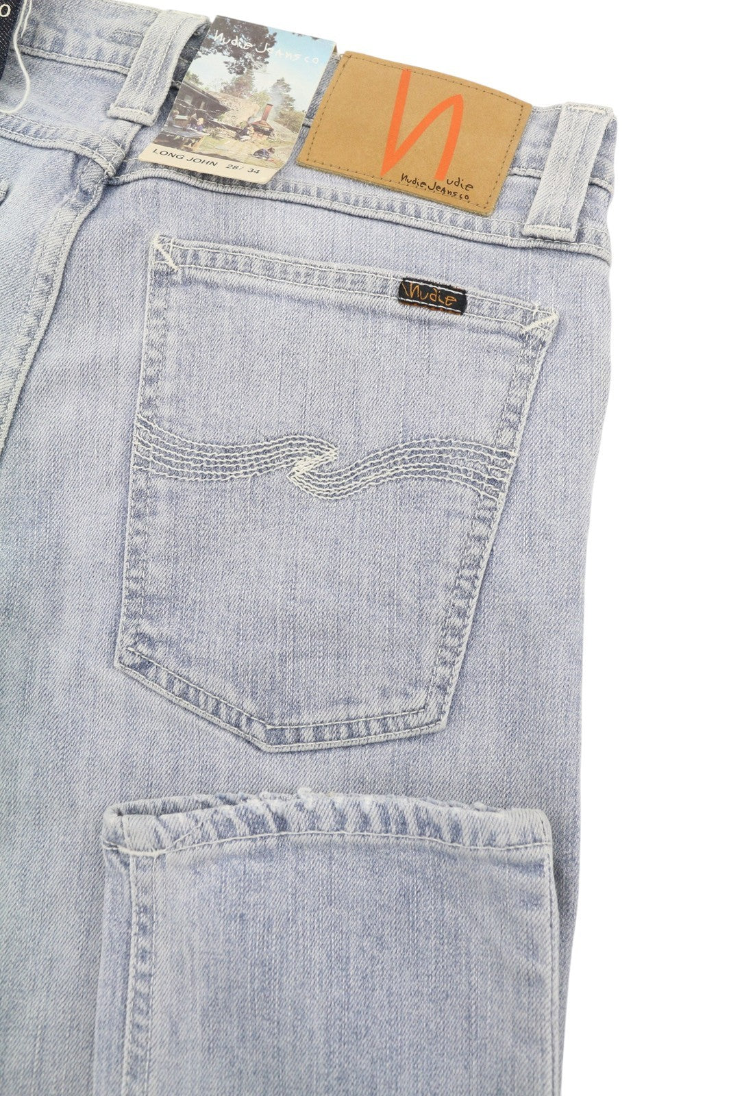 NUDIE JEANS aptempti ilgi John Org. Light Eco Wash vyriški džinsai W28/L34 mėlyni aptempti 