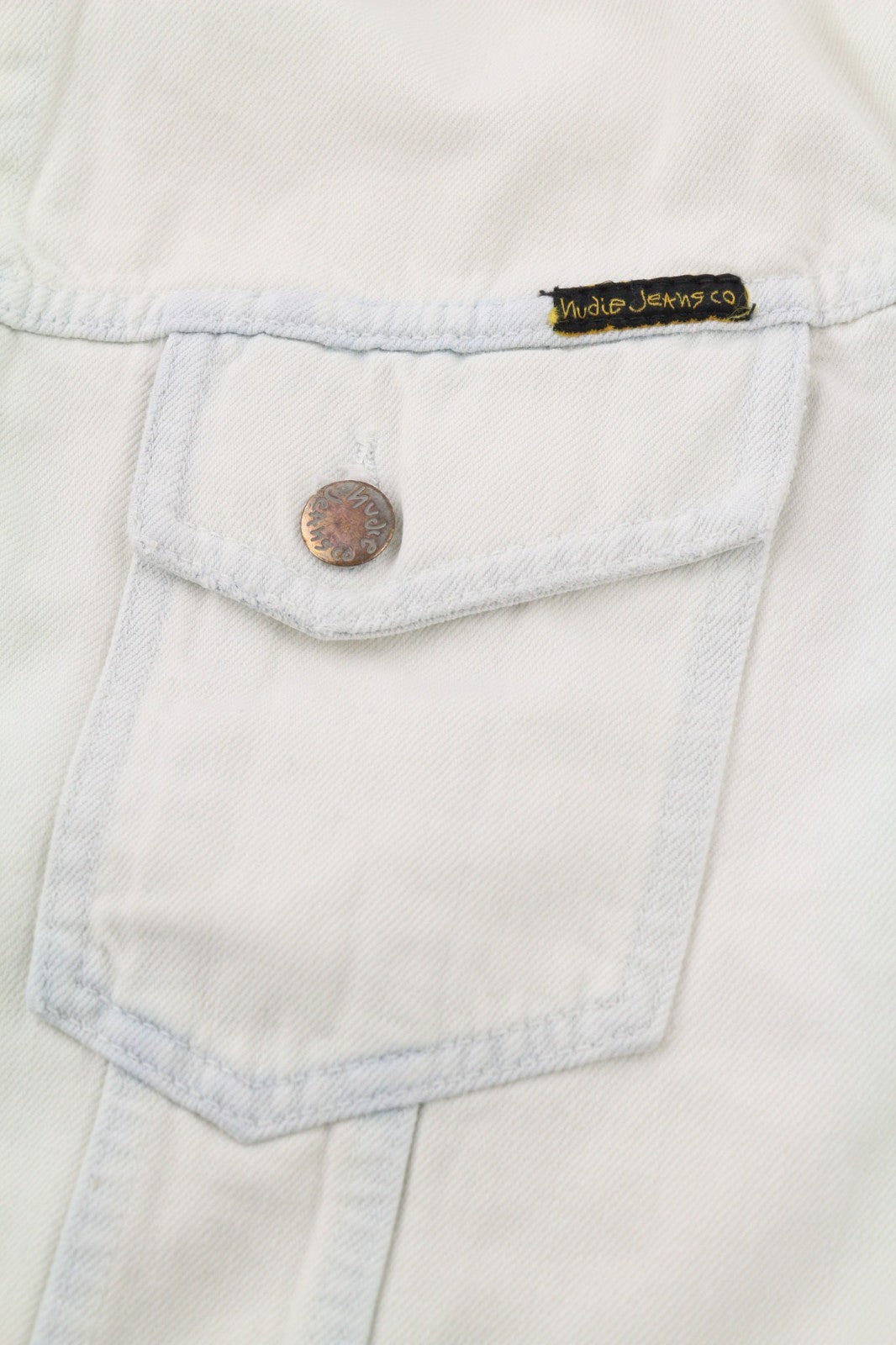 NUDIE JEANS Terry Men's L Extreme Bleach Light Denim Jacket Button Spread