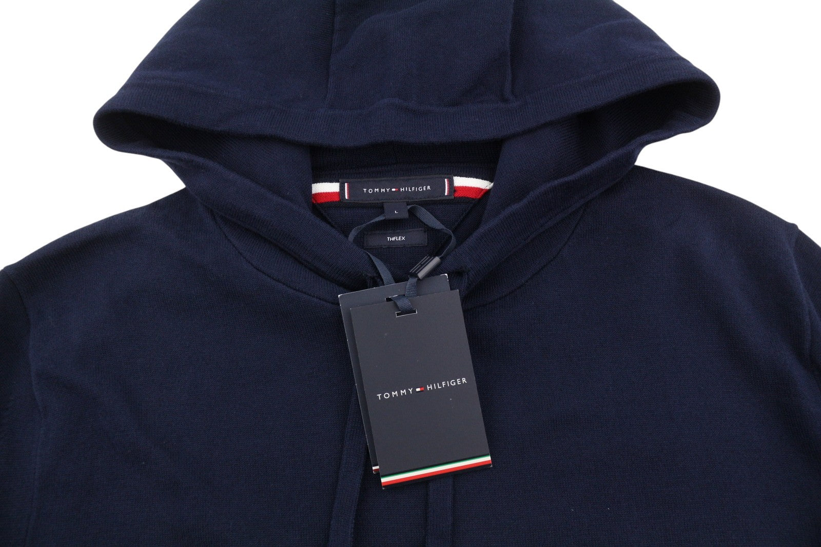 TOMMY HILFIGER THFlex Global Stripe Men Jumper L Travel Comfort Hooded Knit Navy