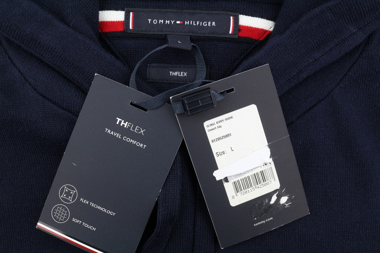 TOMMY HILFIGER THFlex Global Stripe Men Jumper L Travel Comfort Hooded Knit Navy