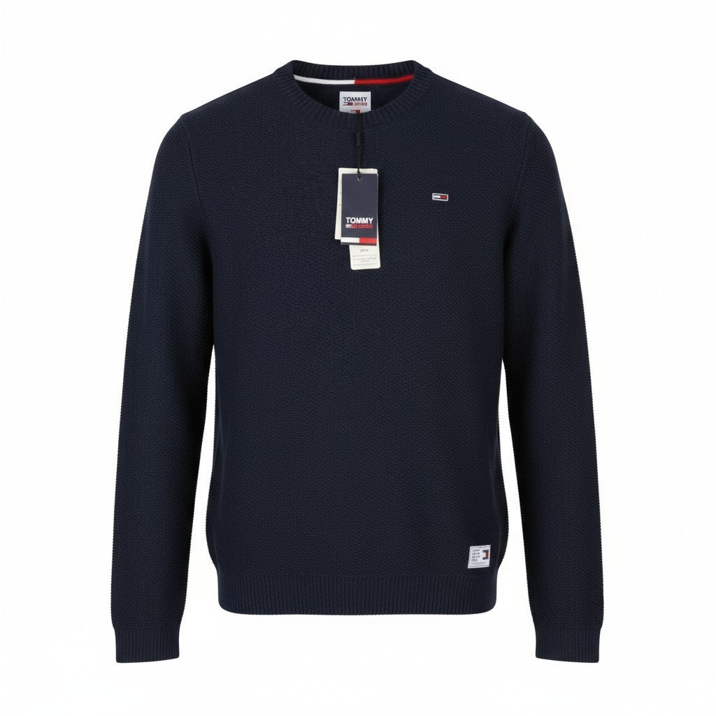 TOMMY HILFIGER Req Structured vyriškas megztinis XL dydžio tamsiai mėlynas, apvalios kaklo iškirptės megztinis, tamprus megztinis 