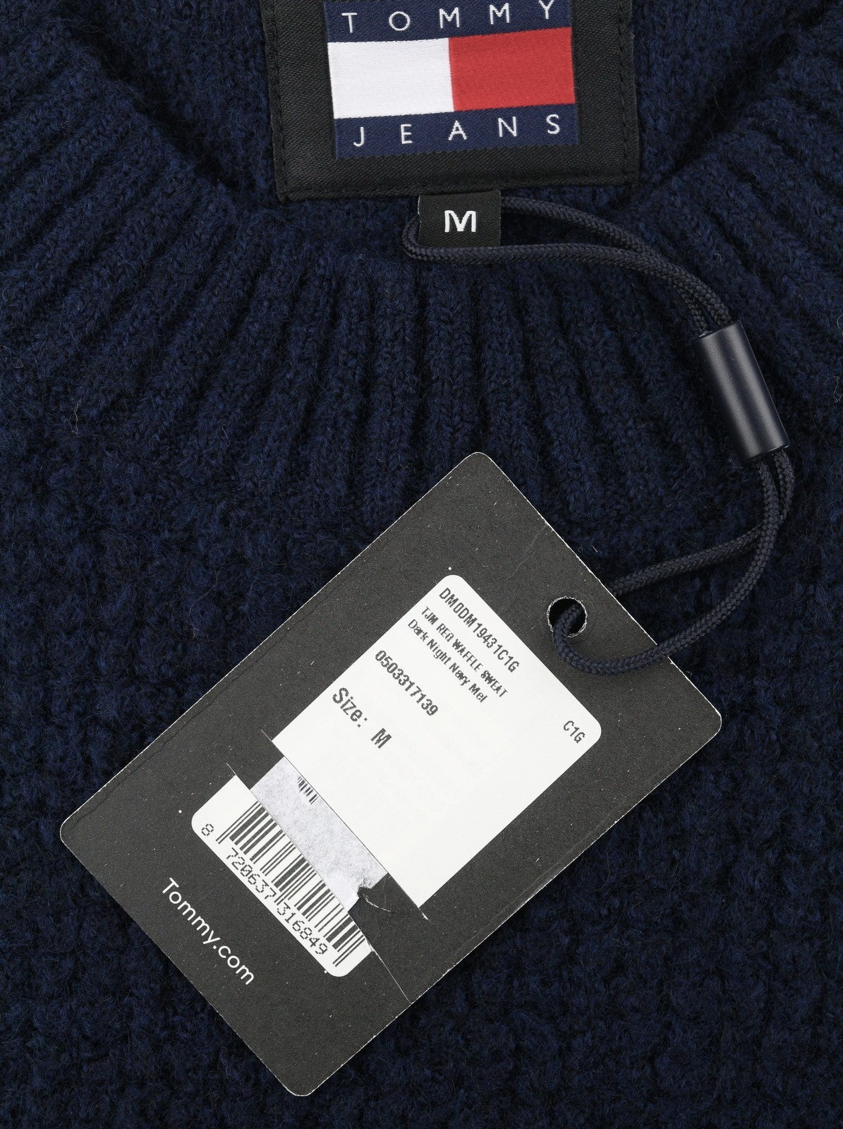 TOMMY HILFIGER Req Waffle Men Jumper M Navy Wool Blend Knit Crew Neck Pullover