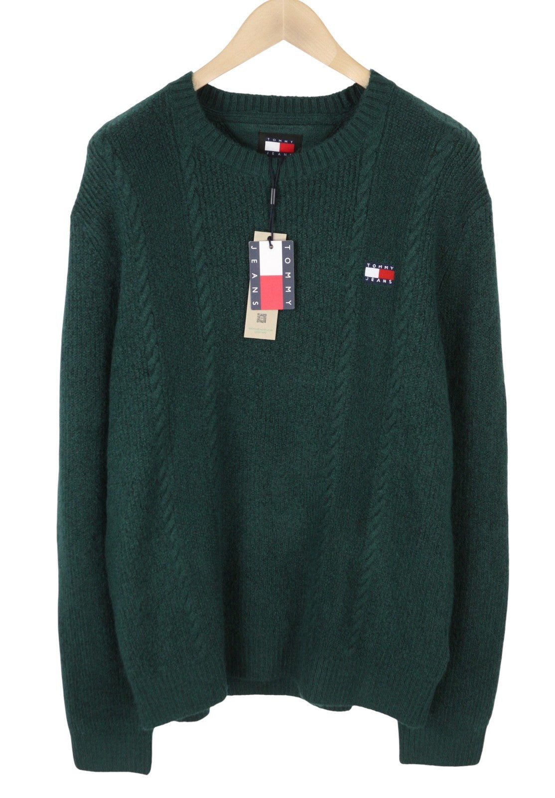 TOMMY HILFIGER Slim Cable Knit vyriškas megztinis L dydžio žalias apvalios kaklo tamprus megztinis 