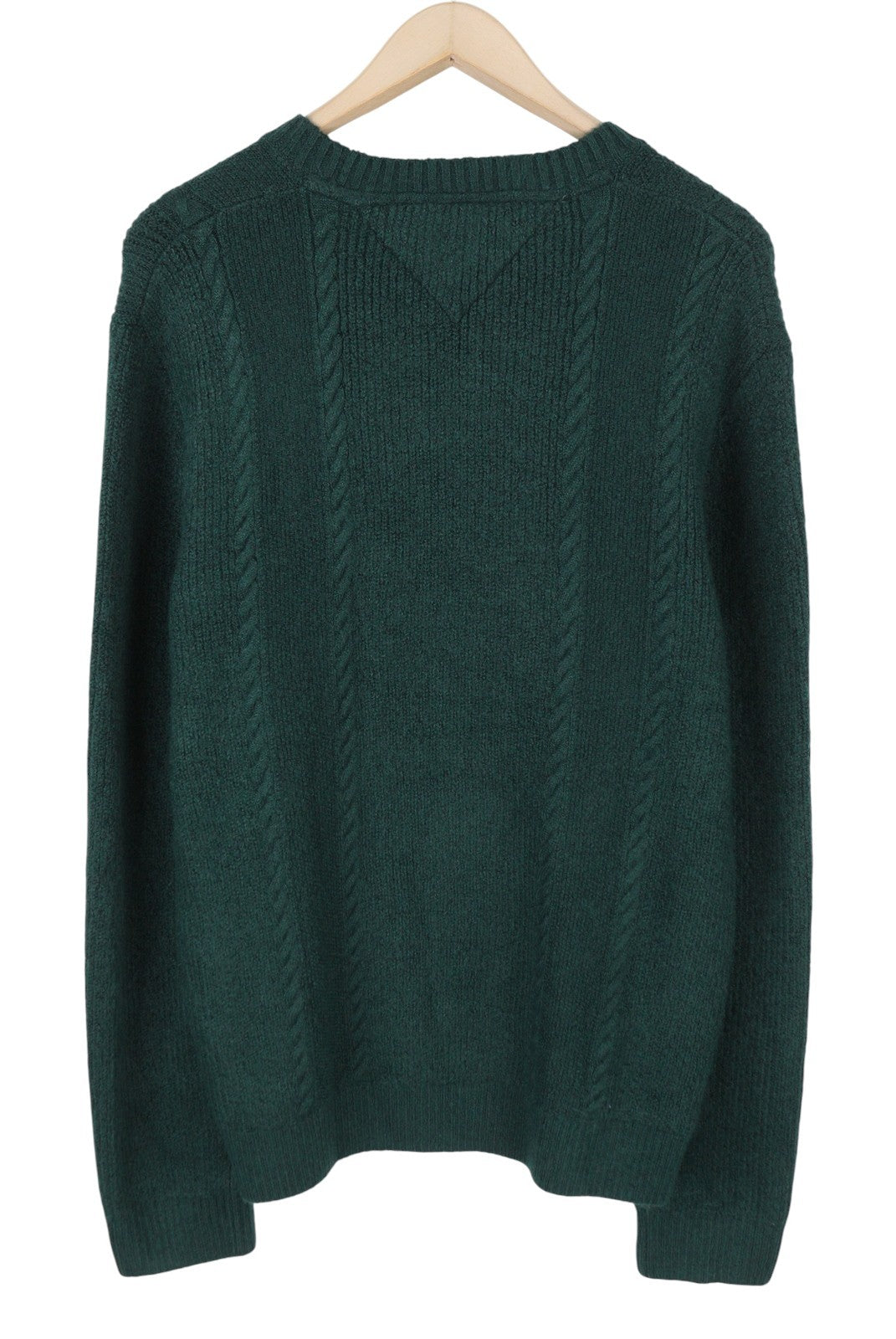 TOMMY HILFIGER Slim Cable Knit Men Jumper L Green Crew Neck Stretch Pullover