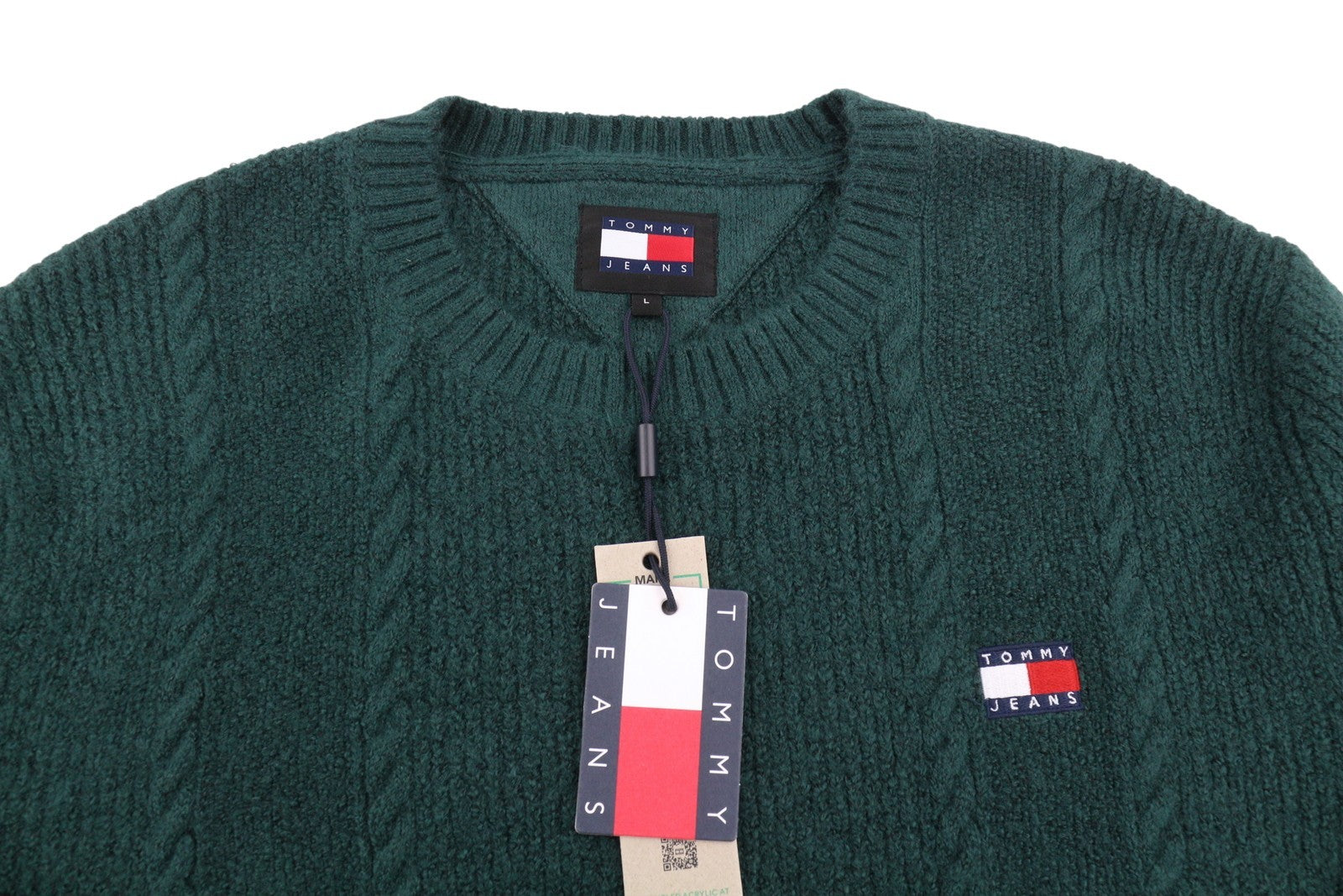 TOMMY HILFIGER Slim Cable Knit Men Jumper L Green Crew Neck Stretch Pullover