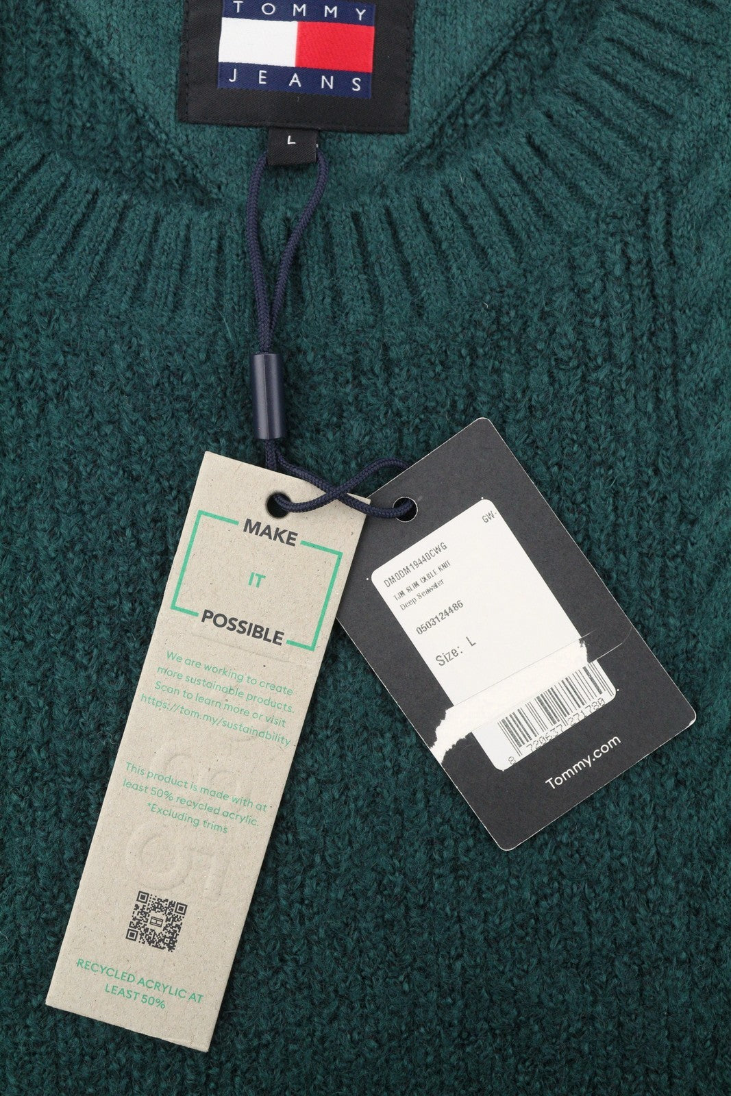 TOMMY HILFIGER Slim Cable Knit Men Jumper L Green Crew Neck Stretch Pullover