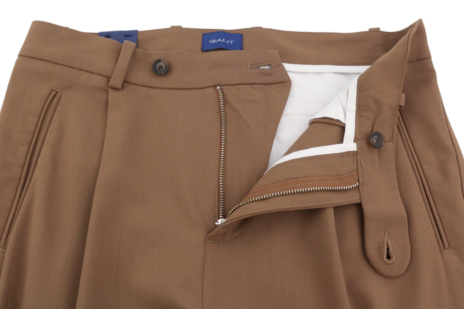 GANT Fluid Pleated vyriškos kelnės W30 Roasted Walnut vilnos mišinio atverčiamos rudos spalvos 