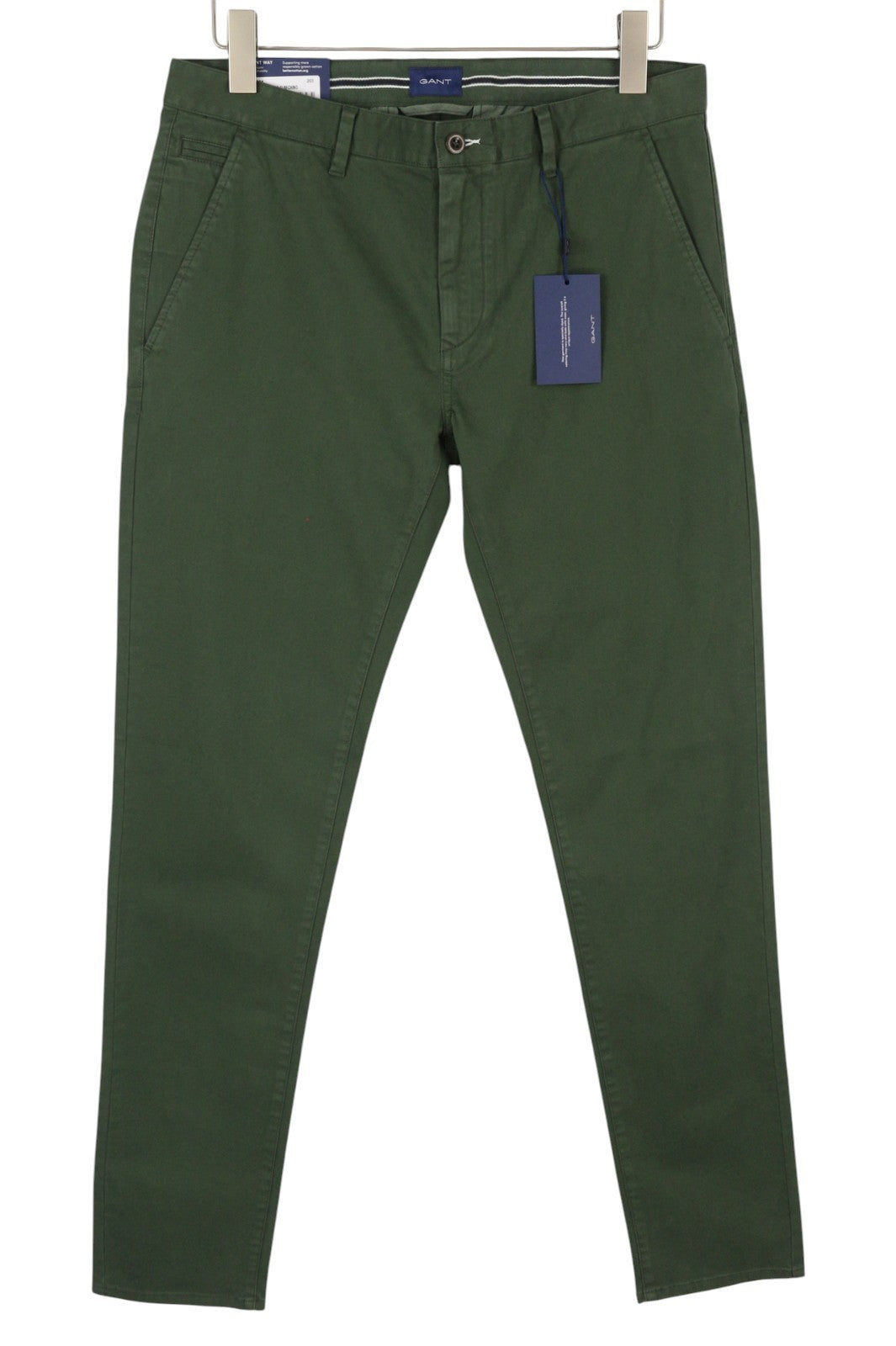 GANT Brushed Extra Slim Chino vyriškos kelnės W32/L34 Thyme Green su užtrauktuku ir logotipu 