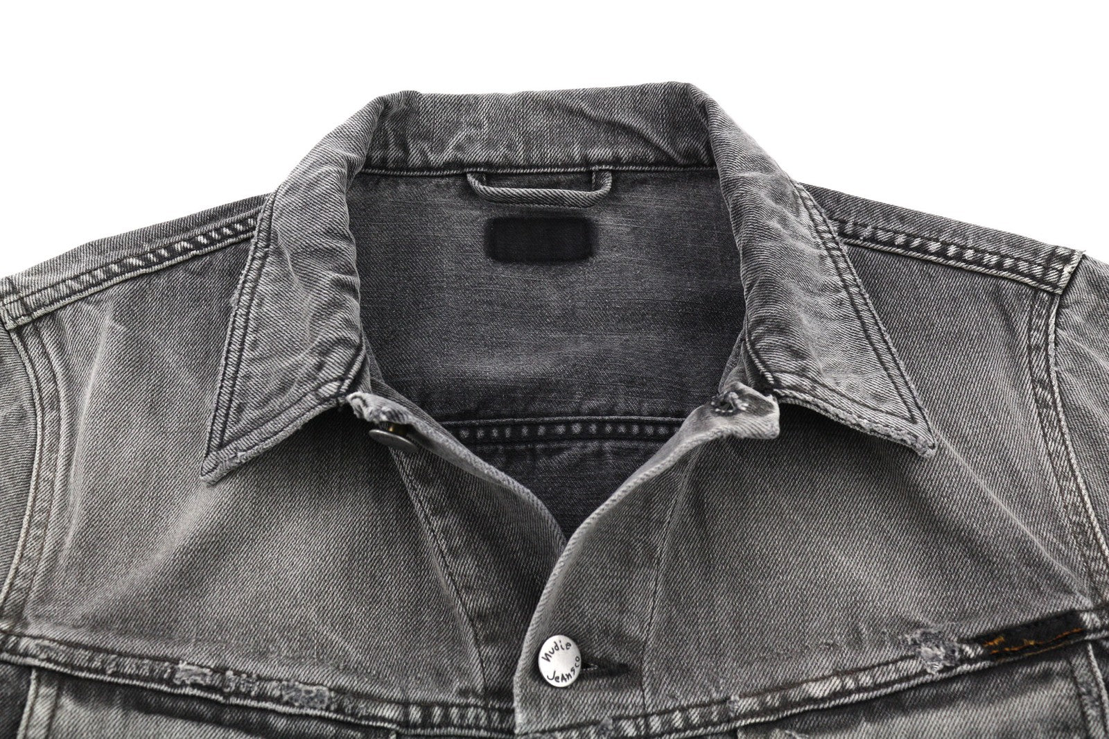 NUDIE JEANS Men's M Grey Washed Denim Spread Neck Logo Pockets Buttoned Jacket