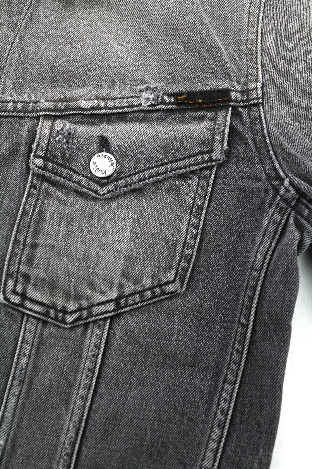 NUDIE JEANS Men's M Grey Washed Denim Spread Neck Logo Pockets Buttoned Jacket