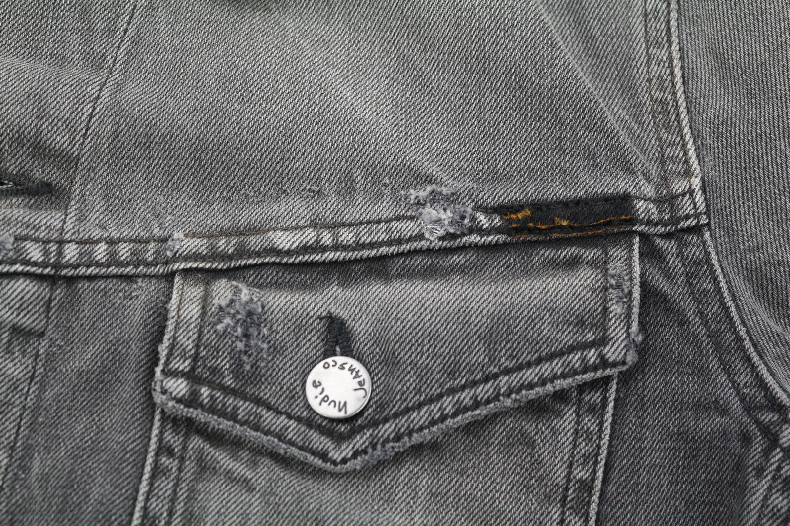 NUDIE JEANS Men's M Grey Washed Denim Spread Neck Logo Pockets Buttoned Jacket