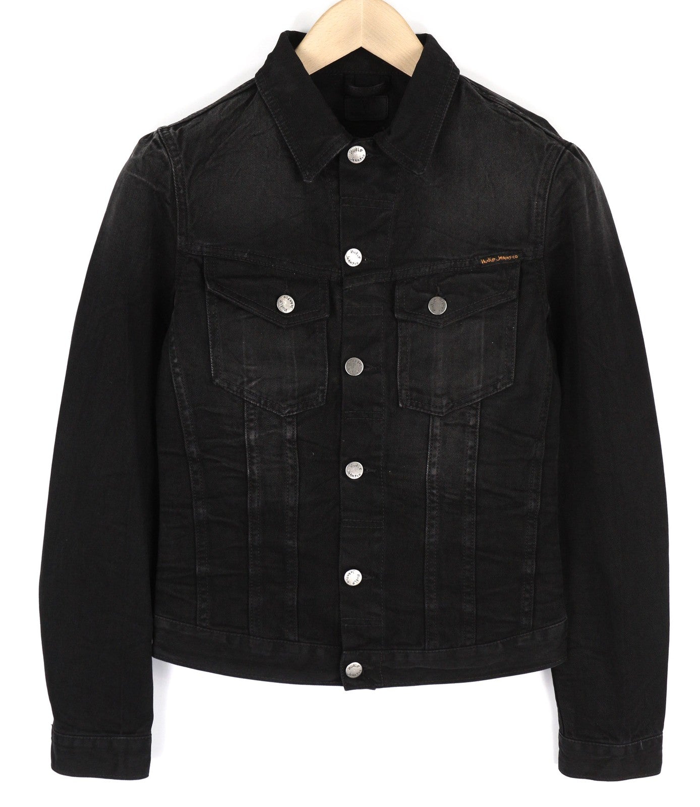 NUDIE JEANS Billy Men's XS Dark Shist Denim Buttons Black Pockets Jacket