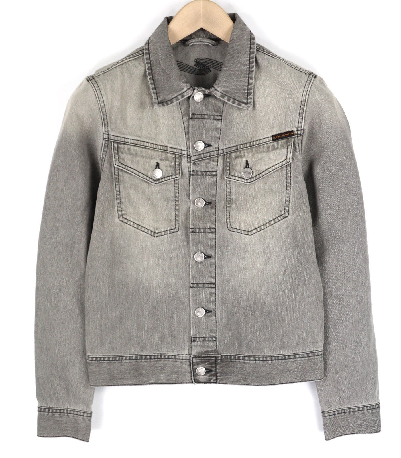 NUDIE JEANS Conny Men's XS Organic Fog Grey Washed Denim Spread Button Jacket
