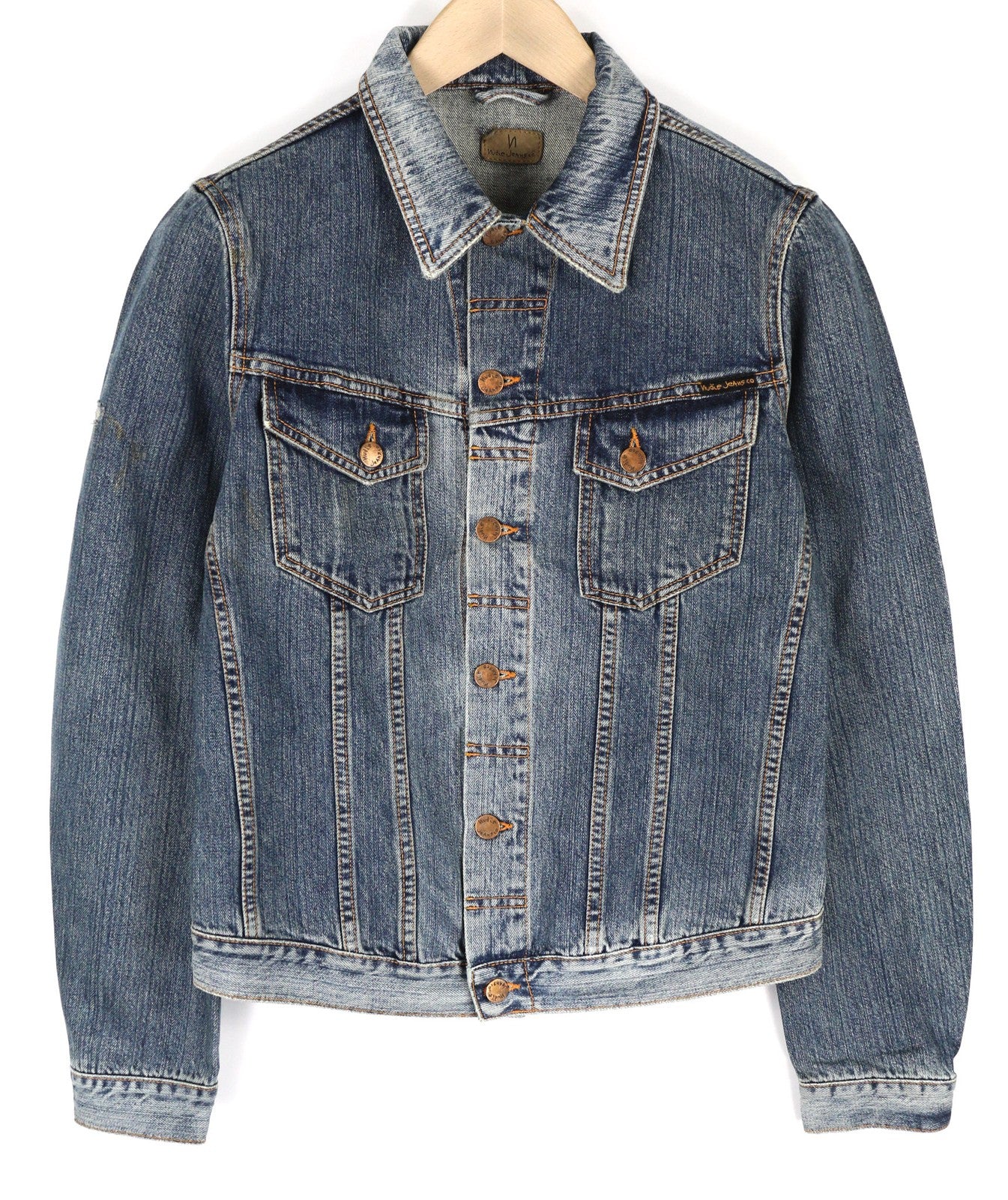 NUDIE JEANS Billy Men's S Crunch Blue Washed Denim Button Spread Logo Jacket