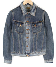 NUDIE JEANS Billy vyriška S Crunch mėlyna skalbto džinso striukė su sagomis ir logotipu 