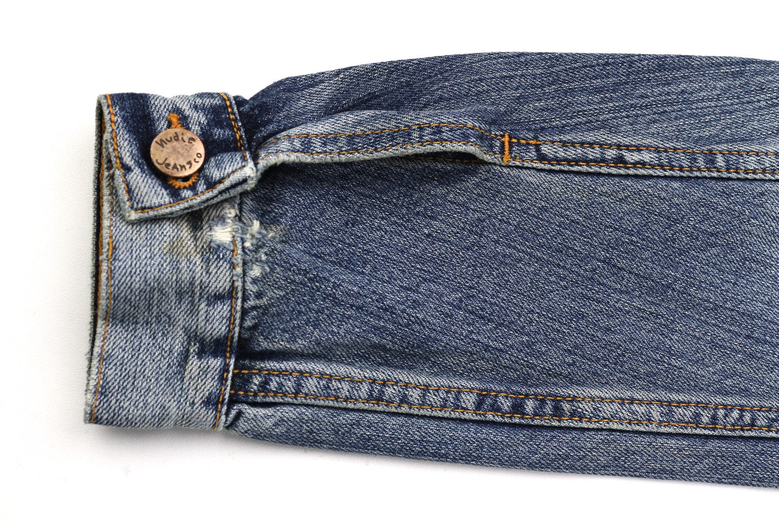 NUDIE JEANS Billy vyriška S Crunch mėlyna skalbto džinso striukė su sagomis ir logotipu 