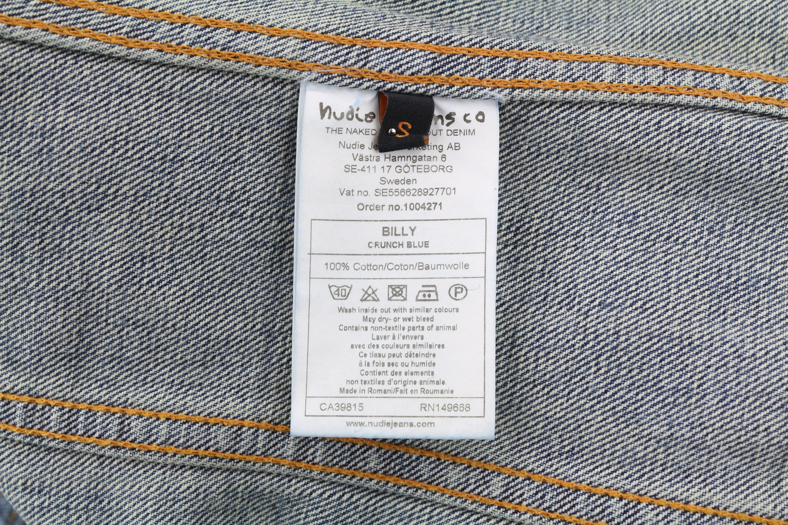 NUDIE JEANS Billy vyriška S Crunch mėlyna skalbto džinso striukė su sagomis ir logotipu 