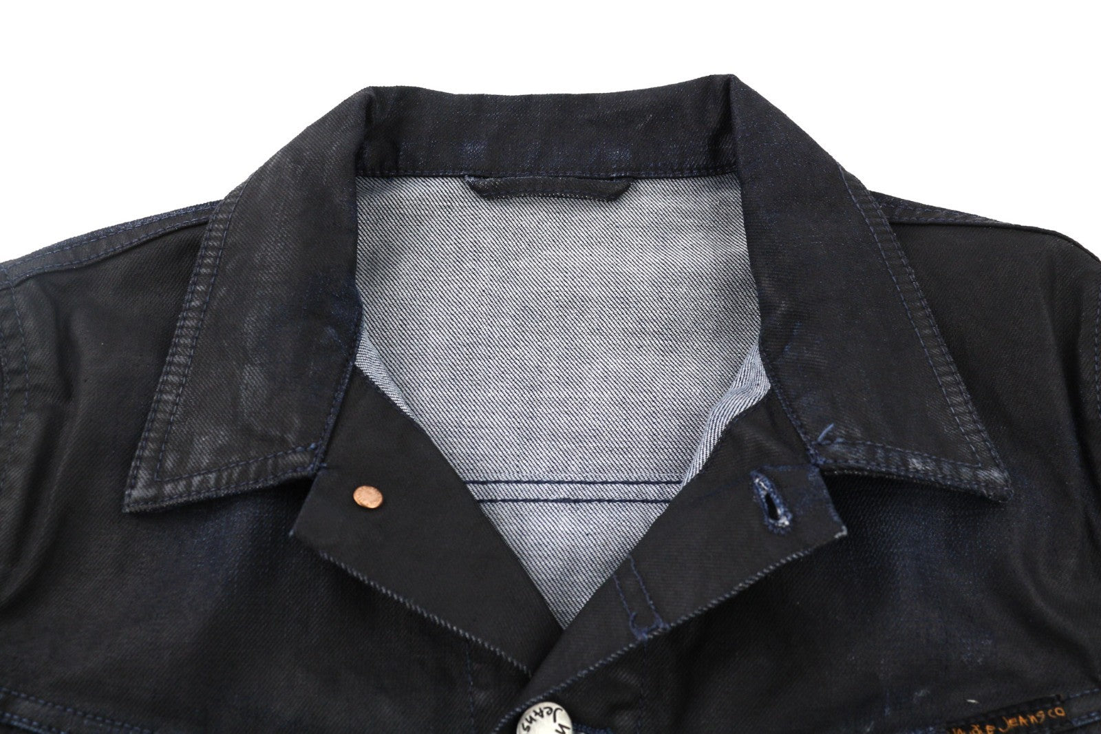 NUDIE JEANS Terry Men's M Black Coated Indigo Spread Neck Button Logo Jacket