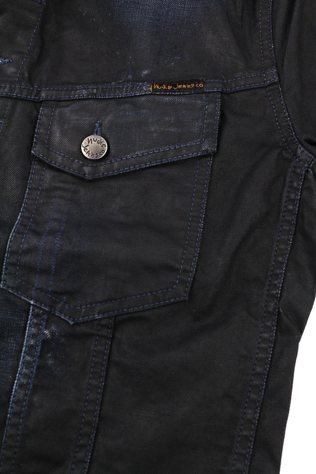 NUDIE JEANS Terry Men's M Black Coated Indigo Spread Neck Button Logo Jacket