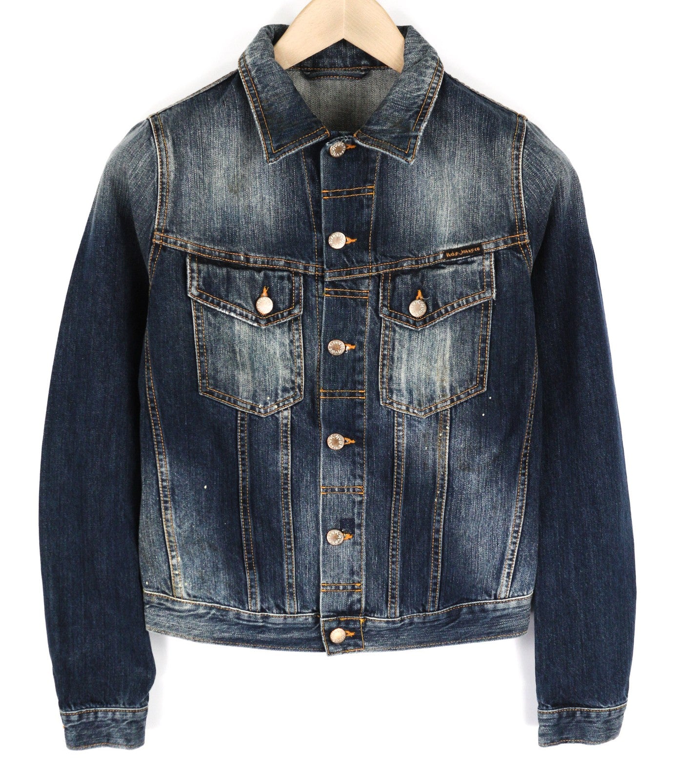 NUDIE JEANS Terry Men's XS Vintage Worn Denim Logo Spread Neck Buttoned Jacket