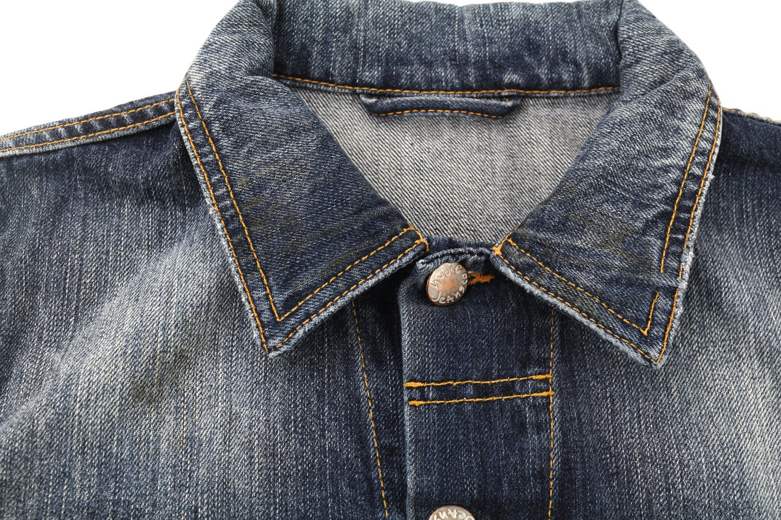 NUDIE JEANS Terry Men's XS Vintage Worn Denim Logo Spread Neck Buttoned Jacket