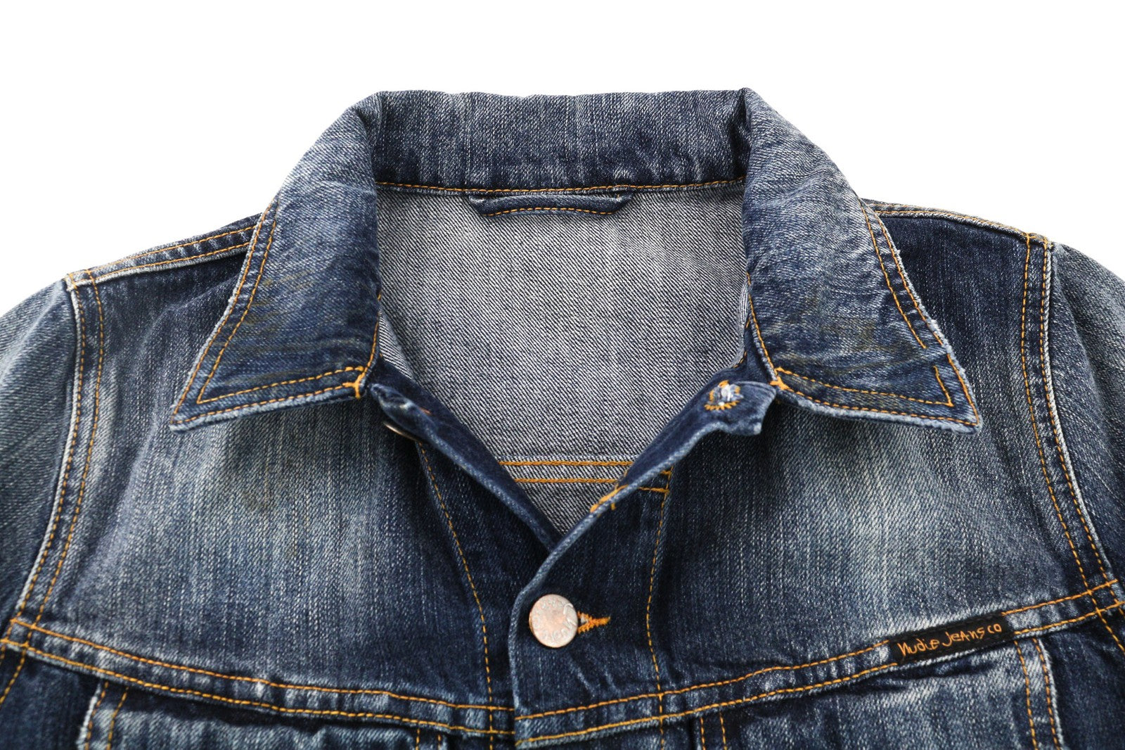 NUDIE JEANS Terry Men's XS Vintage Worn Denim Logo Spread Neck Buttoned Jacket