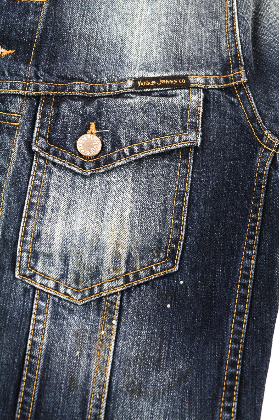 NUDIE JEANS Terry Men's XS Vintage Worn Denim Logo Spread Neck Buttoned Jacket