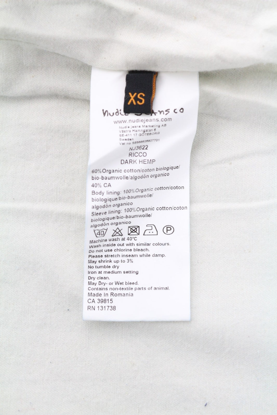 NUDIE JEANS Ricco Dark Hemp Men's XS Blue Cotton Blend Collared Denim Jacket