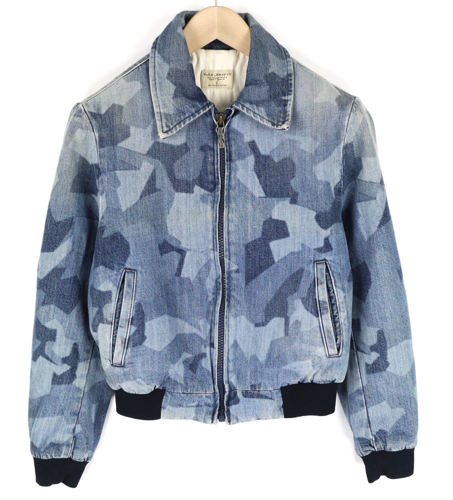 NUDIE JEANS Gudrun Camo Denim moteriška mėlyna raštuota medvilninė bomber striukė S dydžio 