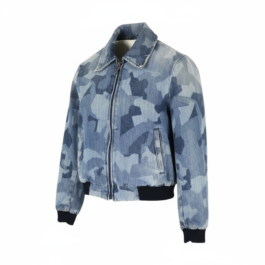 NUDIE JEANS Gudrun Camo Denim moteriška mėlyna medvilninė kamufliažinė bomber striukė 
