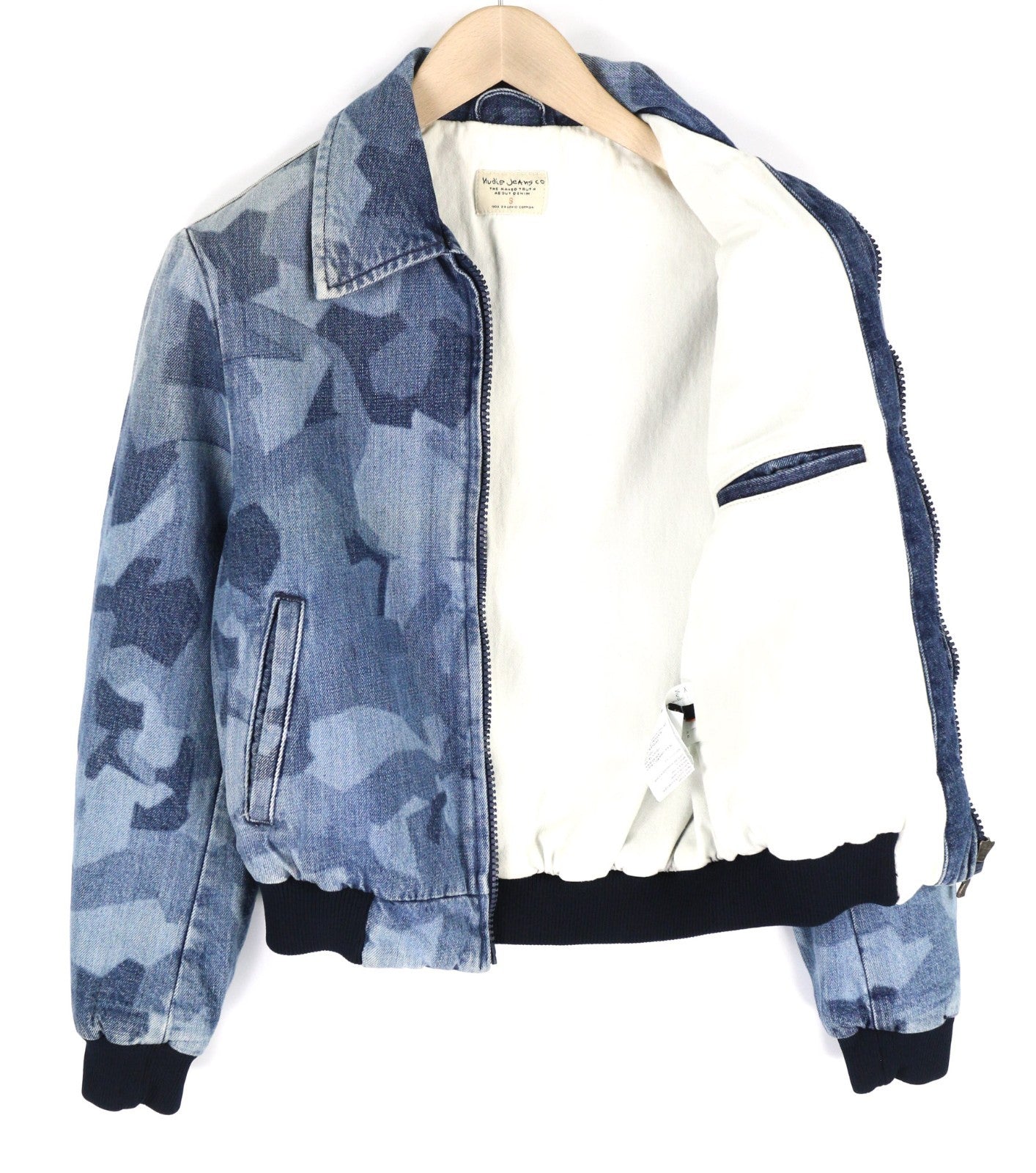 NUDIE JEANS Gudrun Camo Denim moteriška mėlyna medvilninė kamufliažinė bomber striukė 