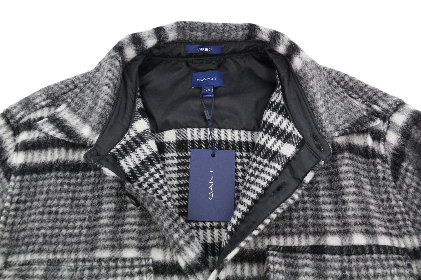 GANT Houndstooth Overshirt Men Jacket L Black Wool Blend Flannel Plaid RRP375