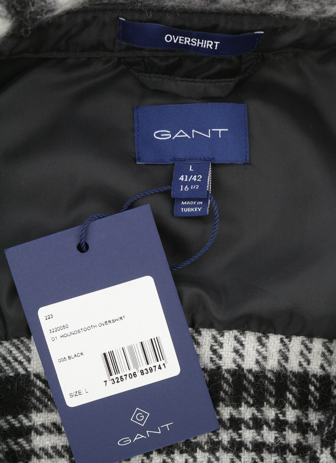 GANT Houndstooth Overshirt Men Jacket L Black Wool Blend Flannel Plaid RRP375
