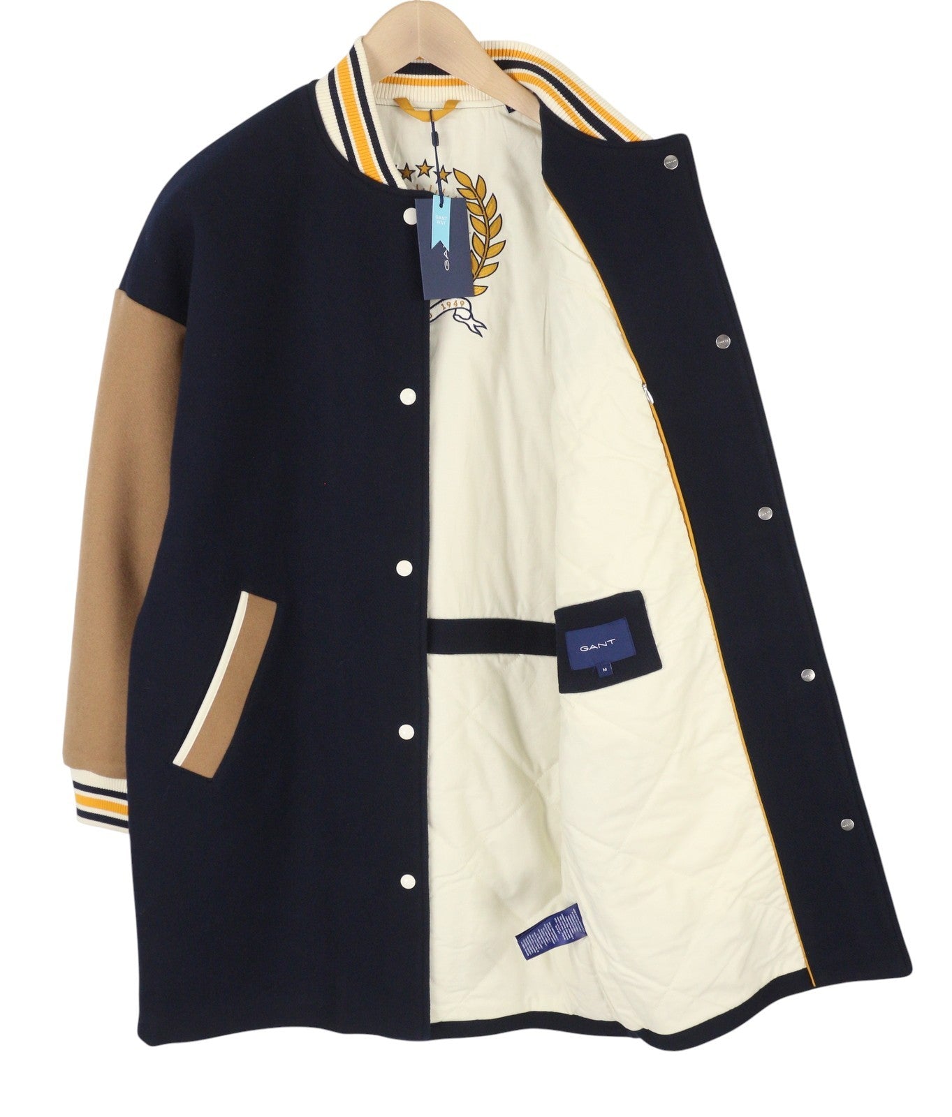 GANT ilgas moteriškas paltas M su tamsiai mėlyna vilnos mišinio izoliuota striuke su spaudėmis bomberyje