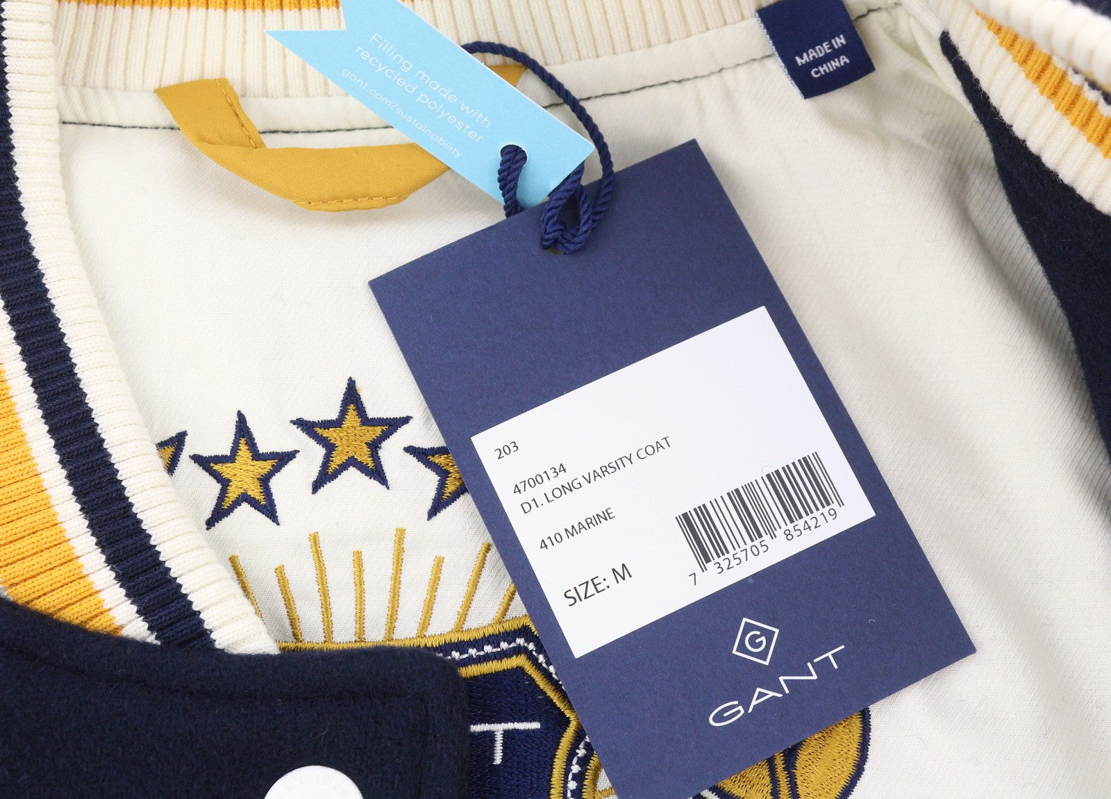 GANT ilgas moteriškas paltas M su tamsiai mėlyna vilnos mišinio izoliuota striuke su spaudėmis bomberyje