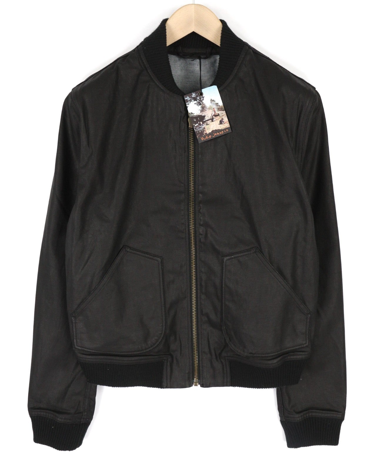 NUDIE JEANS Severin Coated Denim Men's M Black Pure Cotton Zipped Bomber Jacket