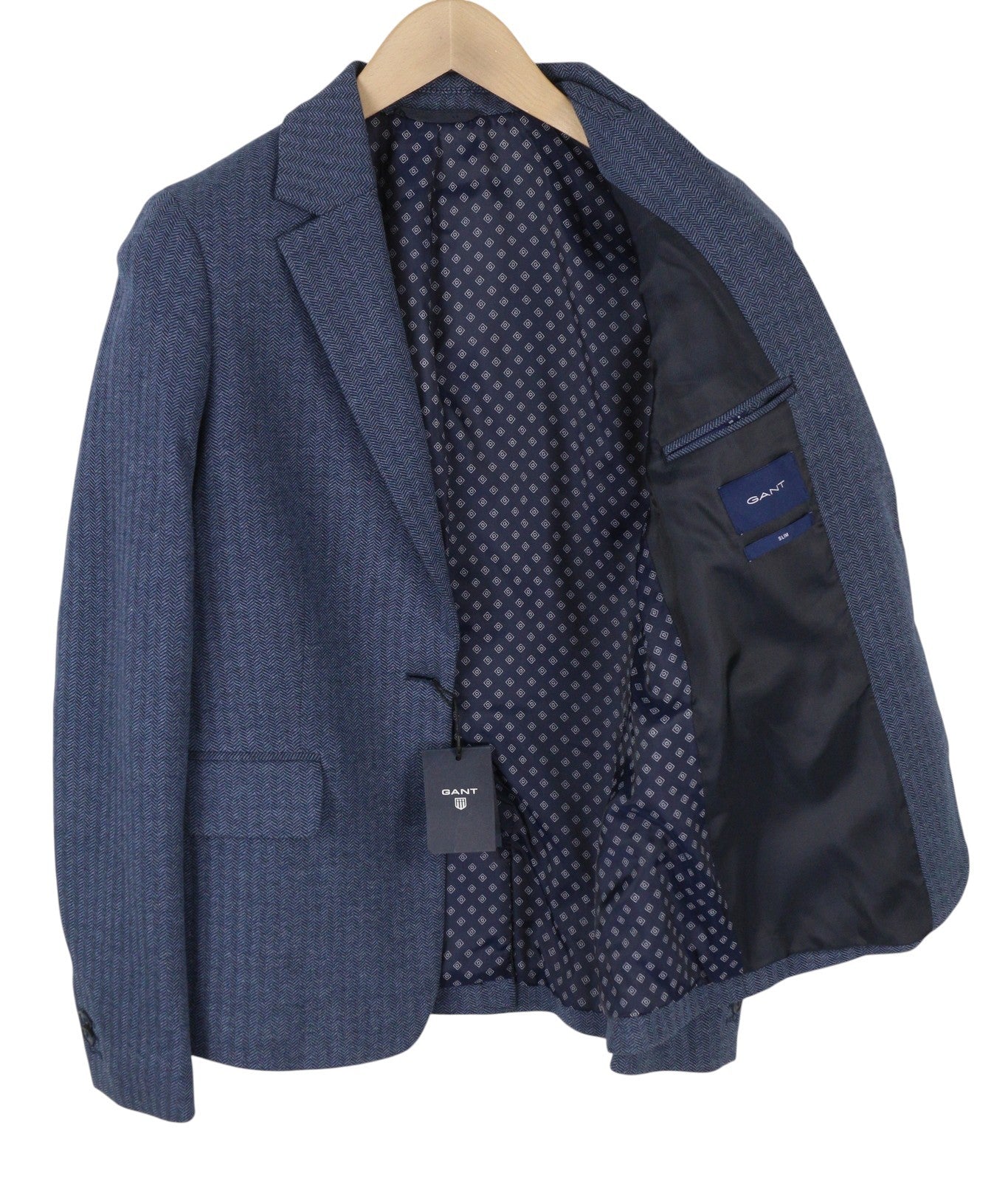 GANT moteriškas švarkas, mėlynas, dryžuotas, priglundantis, vienaeilis, su įpjova atvartu 