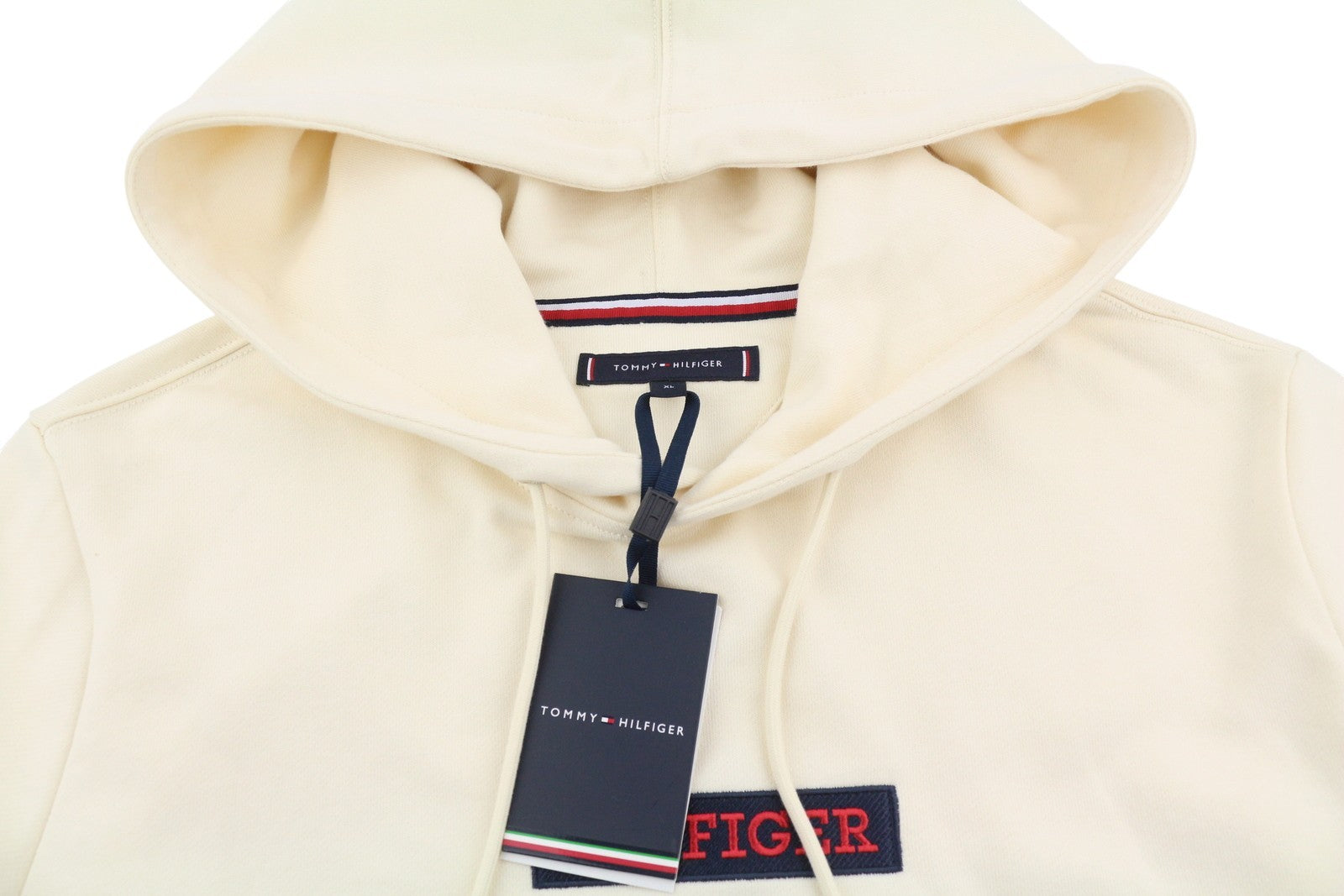 TOMMY HILFIGER Monotyope Box Men Hoodie XL Ivory Oversized Kangaroo Pullover