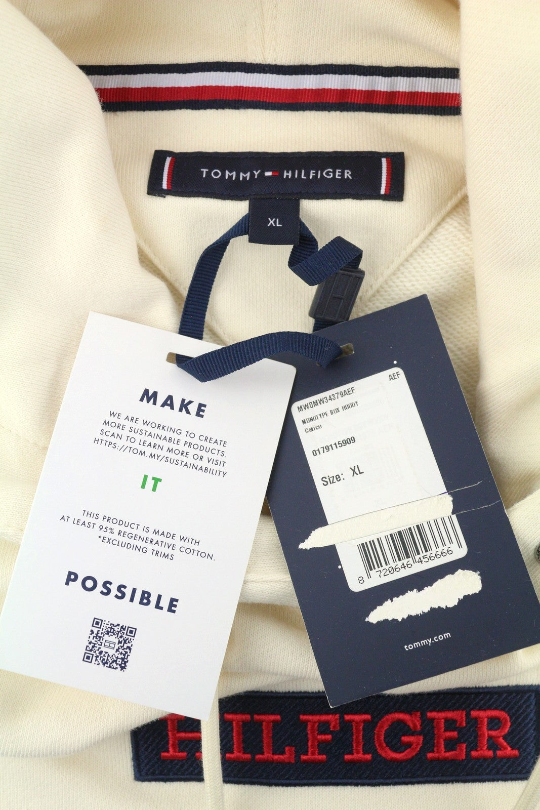 TOMMY HILFIGER Monotyope Box Men Hoodie XL Ivory Oversized Kangaroo Pullover