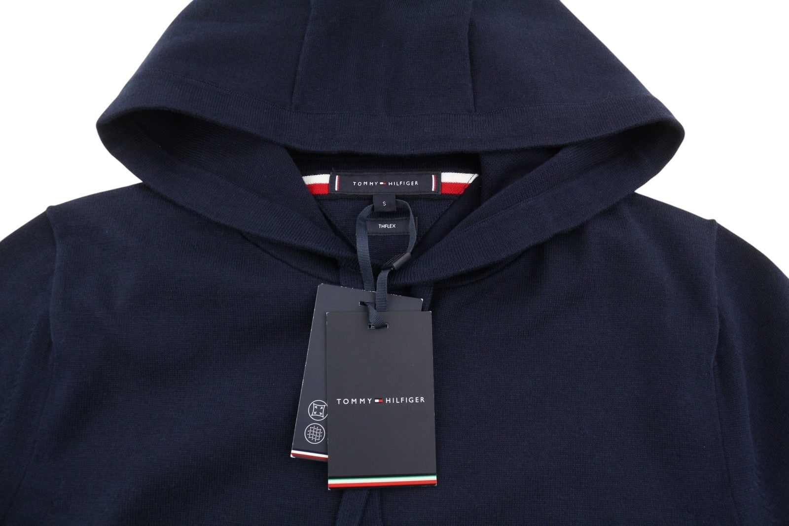 TOMMY HILFIGER THFlex Global Stripe Men Jumper S Travel Comfort Hooded Knit Navy