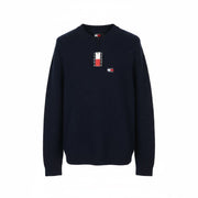TOMMY HILFIGER Req Waffle Men Jumper XL Navy Wool Blend Knit Crew Neck Pullover