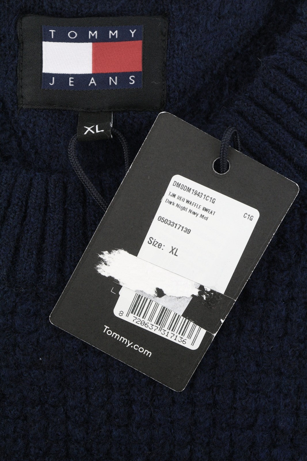 TOMMY HILFIGER Req Waffle Men Jumper XL Navy Wool Blend Knit Crew Neck Pullover