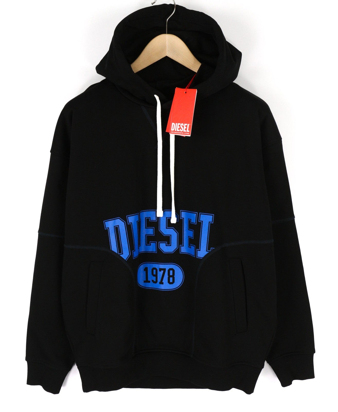 DIESEL S-Muster vyriškas džemperis su gobtuvu S, juodas, su logotipu ir kengūros kišene, RRP150 