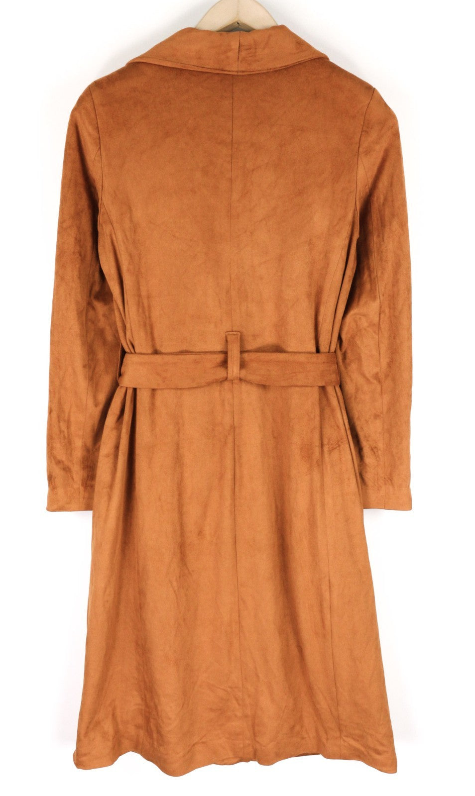 NIFE Women's M Brown Faux Suede Stretch Long Belted Double-Breasted Coat