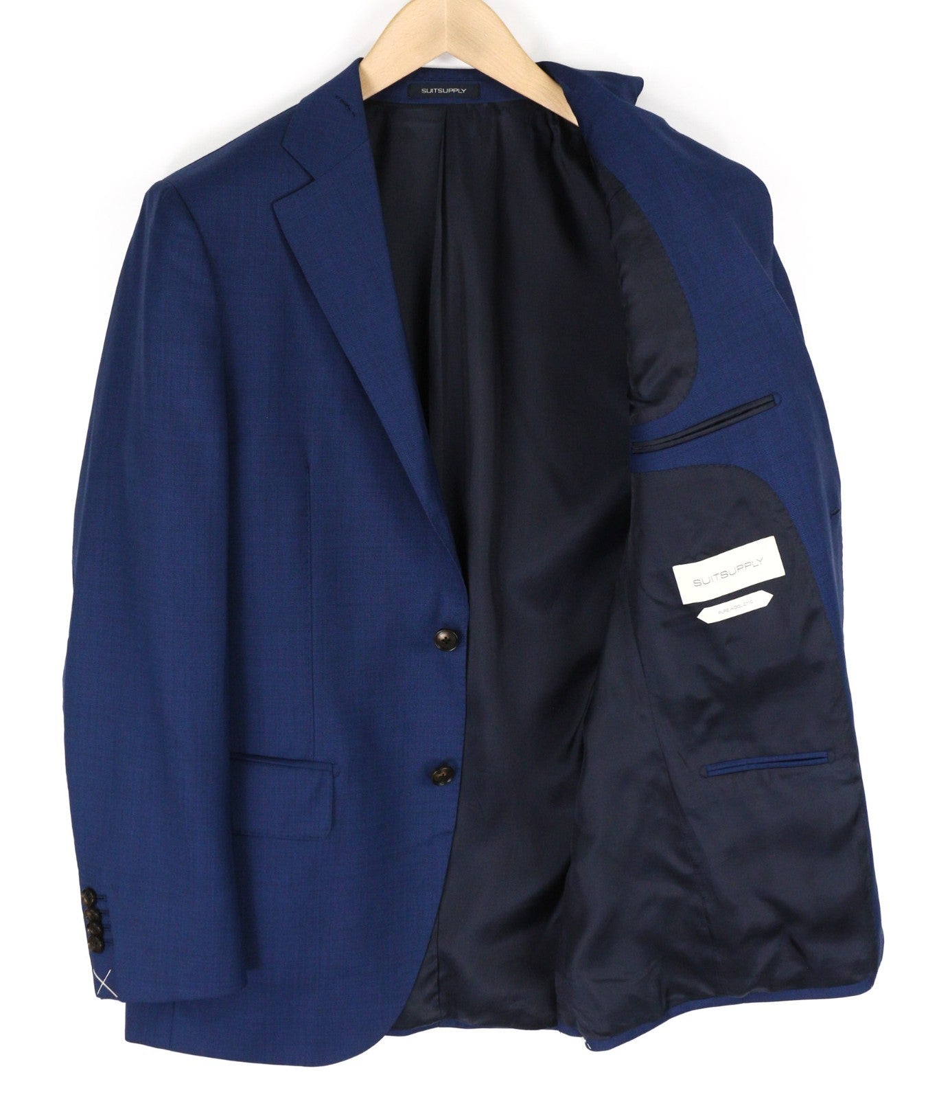 „SUITSUPPLY Lazio“ vyriškas UK38R „Super 110s“ vilnonis mėlynas plonas vieneilis švarkas 