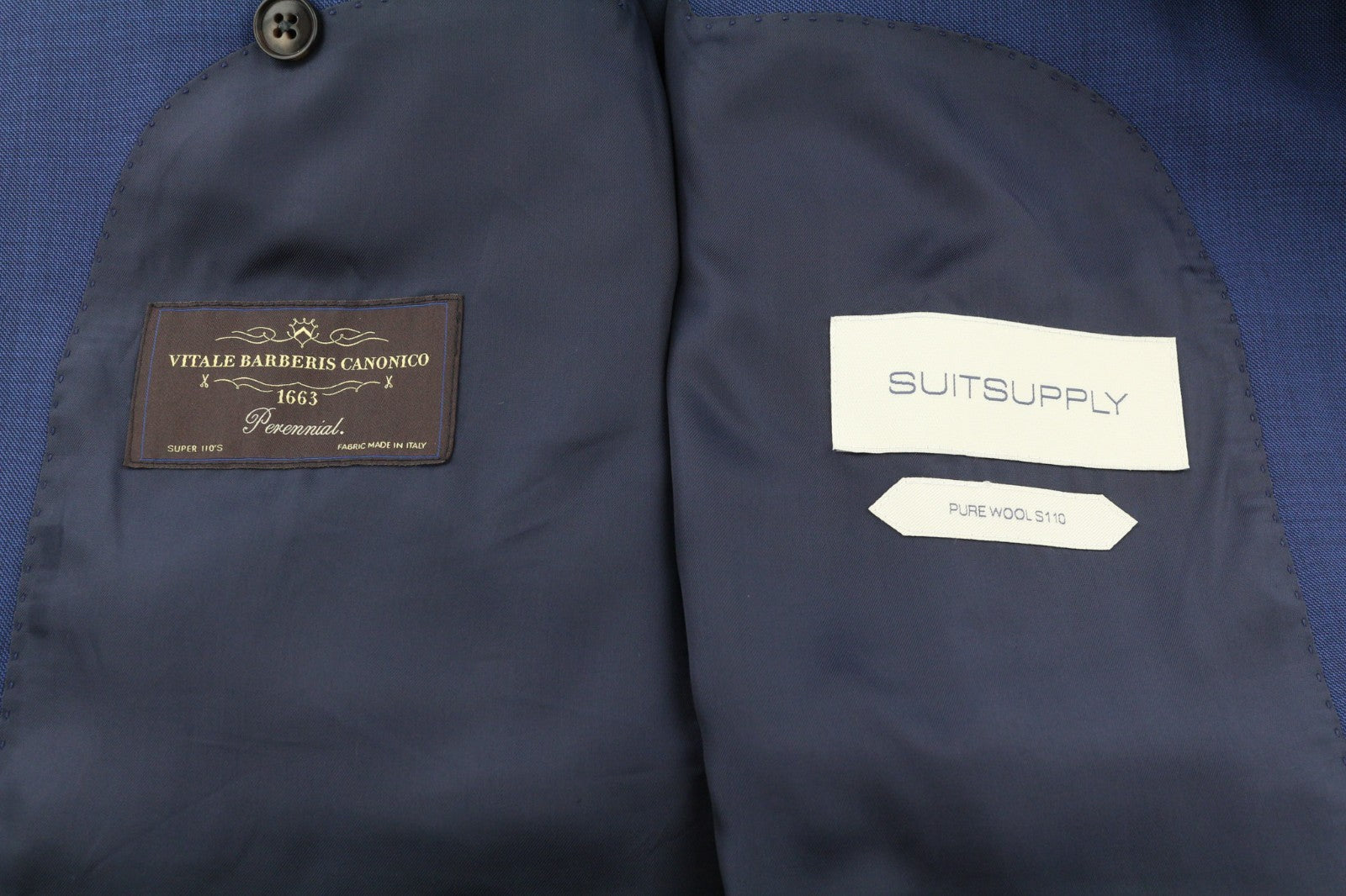 „SUITSUPPLY Lazio“ vyriškas UK38R „Super 110s“ vilnonis mėlynas plonas vieneilis švarkas 